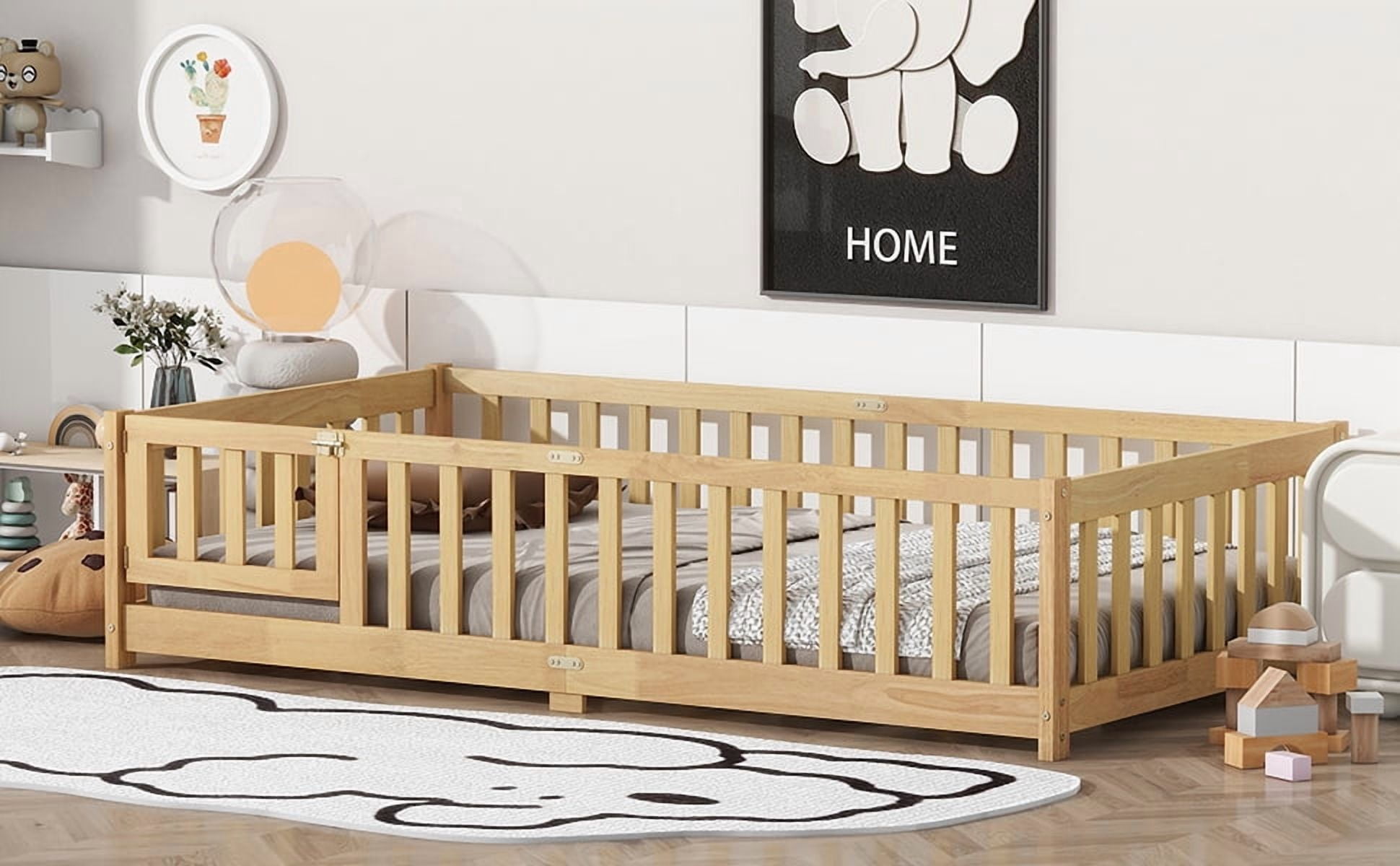 Twin Size Floor Bed with Fence and Door, Rubber Wood Floor Bed with Safety Guardrails, Natural
