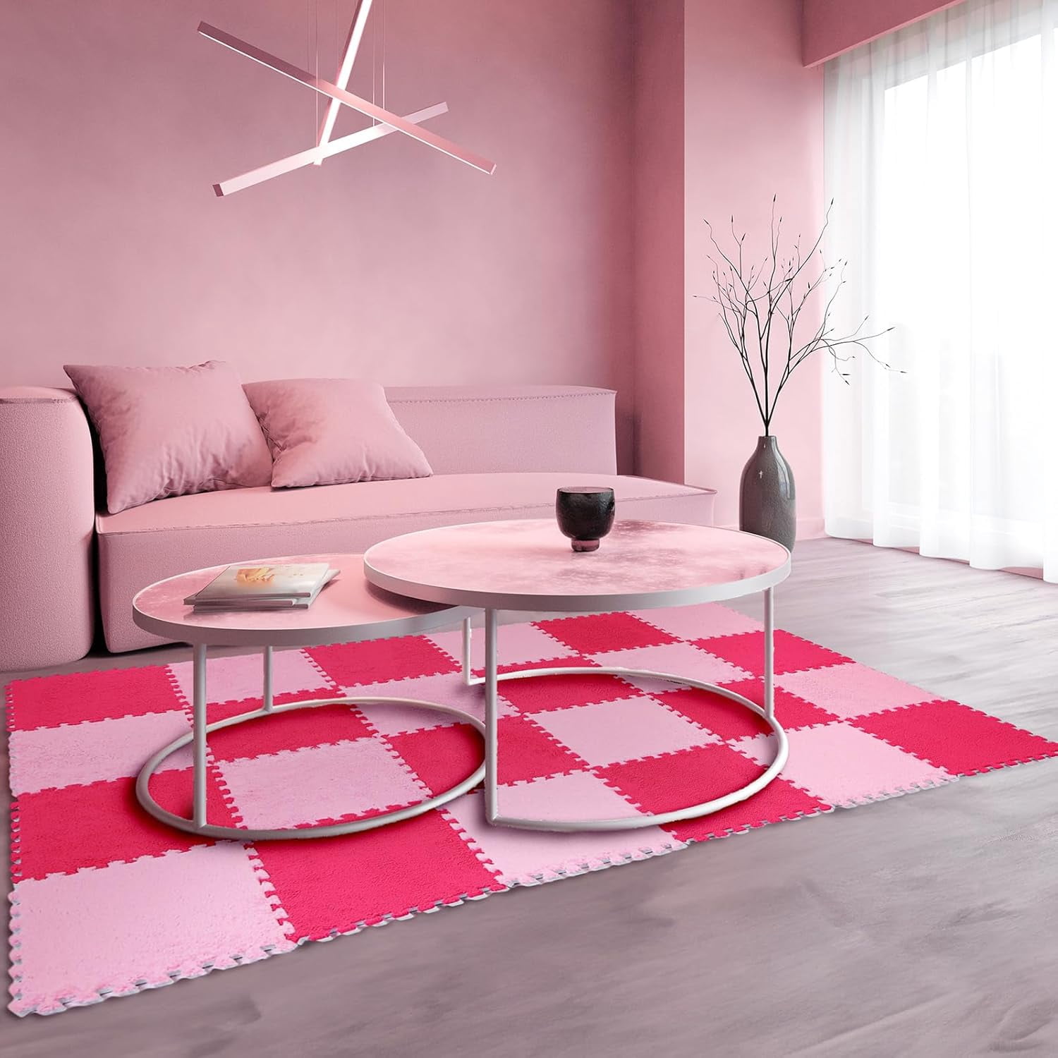 60 Pieces Plush Puzzle Foam Floor Mat Square Interlocking Carpet Tiles with Fluffy Play Mat Floor Tiles Soft Climbing Area Rugs for Living Room Floor Gym Area(Pink, Rose Red)