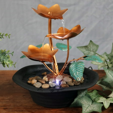 Lighted Punch Fountain - Sunnydaze Copper Blossom Cascading Tabletop Fountain with LED Light, 10 Inch