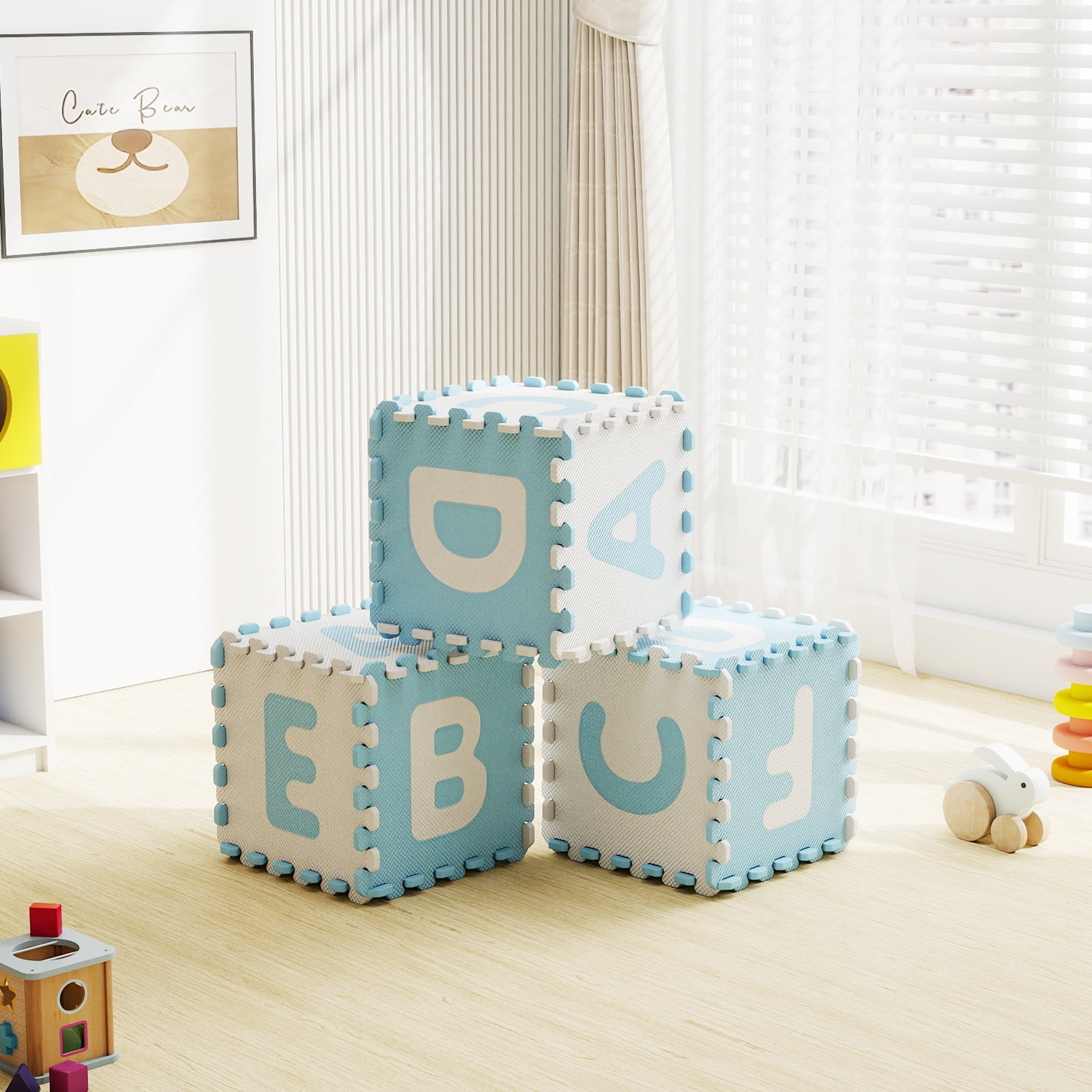 Gymax 26 PCS 12 5'' x 12 5'' Interlocking ABC Play Mats w/Detachable Letters for Kids Blue & White
