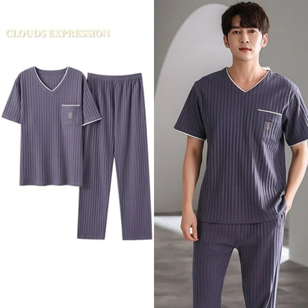 

QWZNDZGR Summer Knitted Cotton Mens Pyjamas Casual Short Tops Lattice Long Pants Sets V-neck Pajamas Fashion Men Sleepwear 5XL Homewear