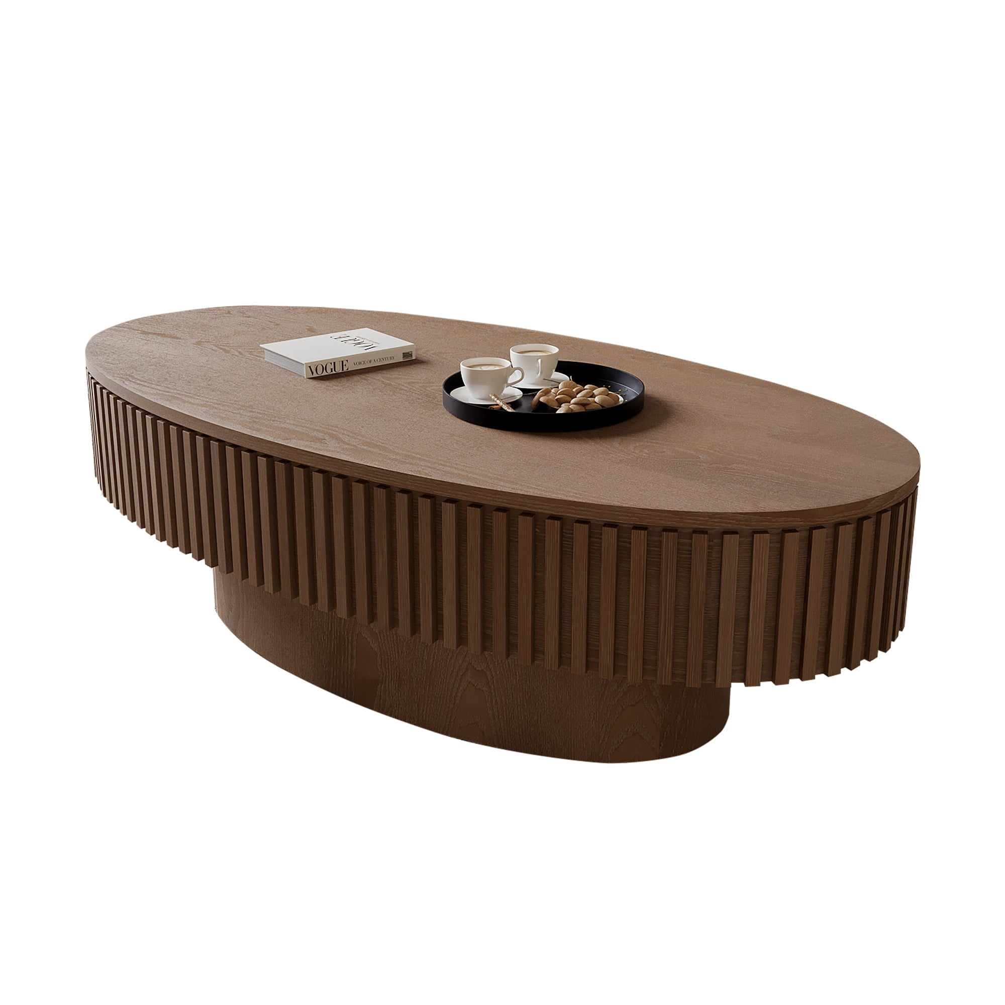 47" Oval Coffee Table with Storage, Fluted Modern Coffee Table with Hidden Storage, Wood Veneer Center Table for Living Room, Walnut