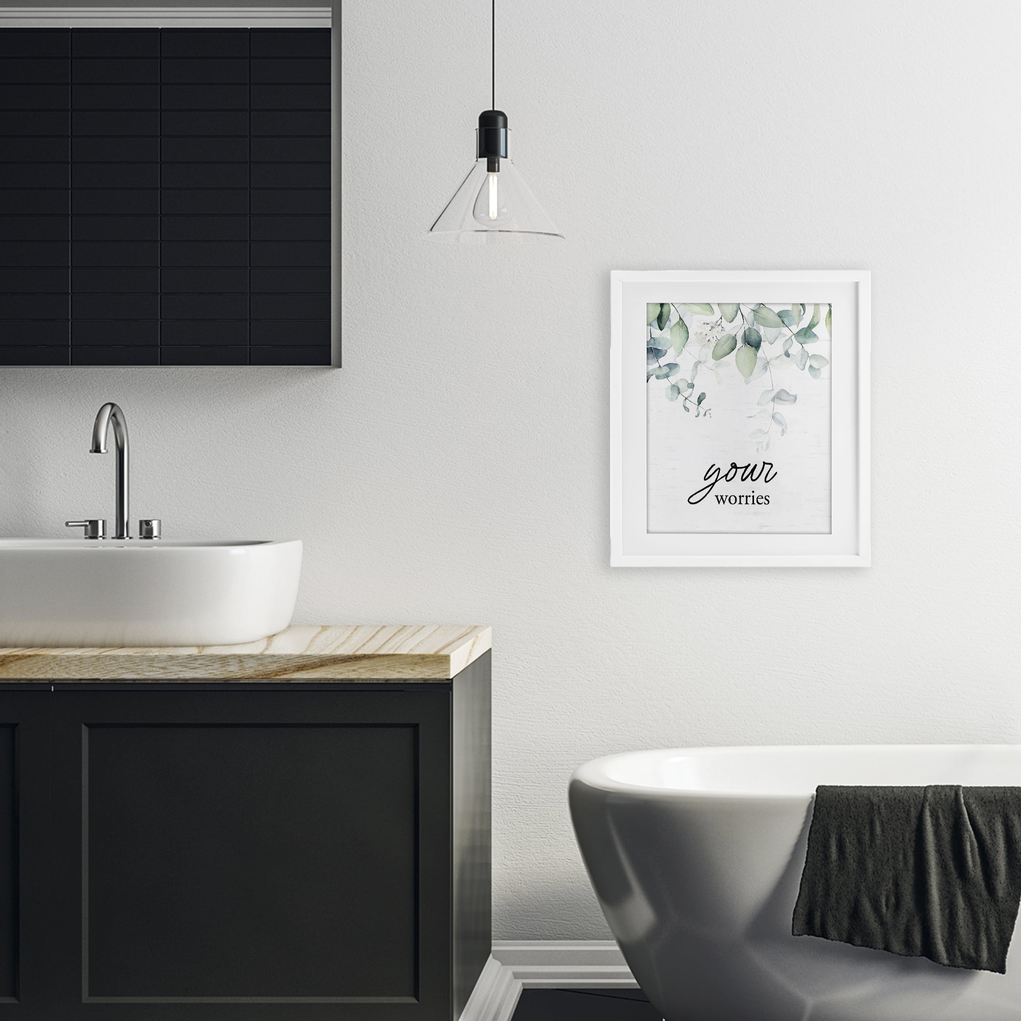 Your Worries Eucalyptus White Framed Print Under Glass, design by Lettered and Lined