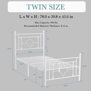 Einfach Twin Size Heavy Metal Bed with Vintage Headboard Pattern, White