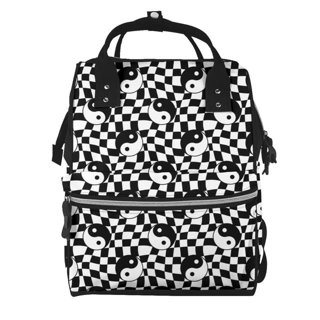 Fotbe Ying Yang Checkered Mochila Maternidad - Lona de Sarga Impermeable, Mochila de Pañales de Gran Capacidad con Múltiples Bolsillos y Correas Ajustables