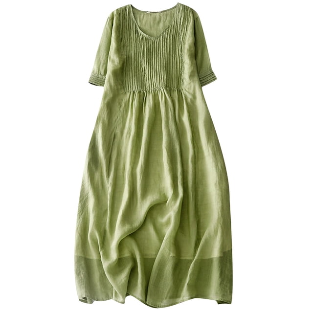 UPPADA Robes d'Été en Coton et Lin pour Femmes Grande Taille à Col en V Boutonné à Manches Courtes Robes Fluides de Plage Vacances Élégantes, Robe Formelle Verte, m