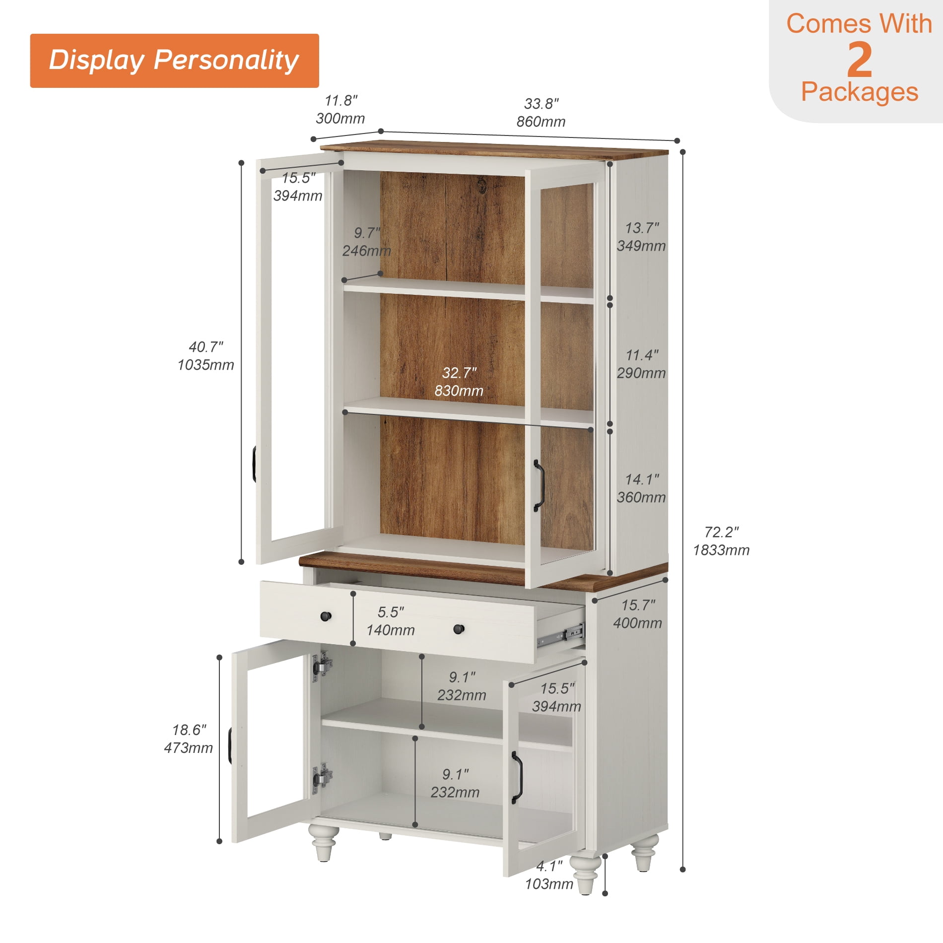 72.1"H × 33.9"W Farmhouse Wooden Bookcase with Glass Doors and Drawer, Large Storage Bookshelf for Living Room, Bedroom, Home Office & Kitchen, White