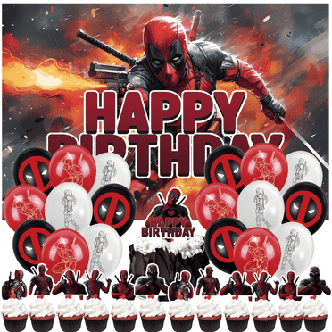 32PCS For Deadpool Theme Birthday Party Decorations Set with 5*3ft Birthday Backdrop Decorations,18 Balloons,13 Cupcake Toppers,All-in-One Celebration Party Kit Supplies
