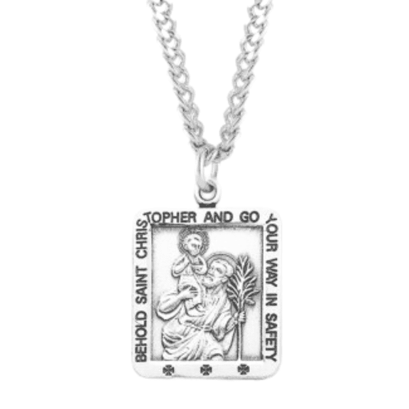 Sterling Silver Patron Saint St Christopher Square Medal, Patron Patron Saint St of Travelers, 24" Rhodium Plated Stainless Steel Chain Necklace, Made in USA - Deluxe Velvet Gift Box