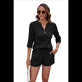 thumbnail image 2 of Conjunto de Camiseta Holgada de Corta con Cuello en V y Pantalones Cortos con Bolsillo para Mujer, Color Liso, Negro, Talla XXL, 2 of 6