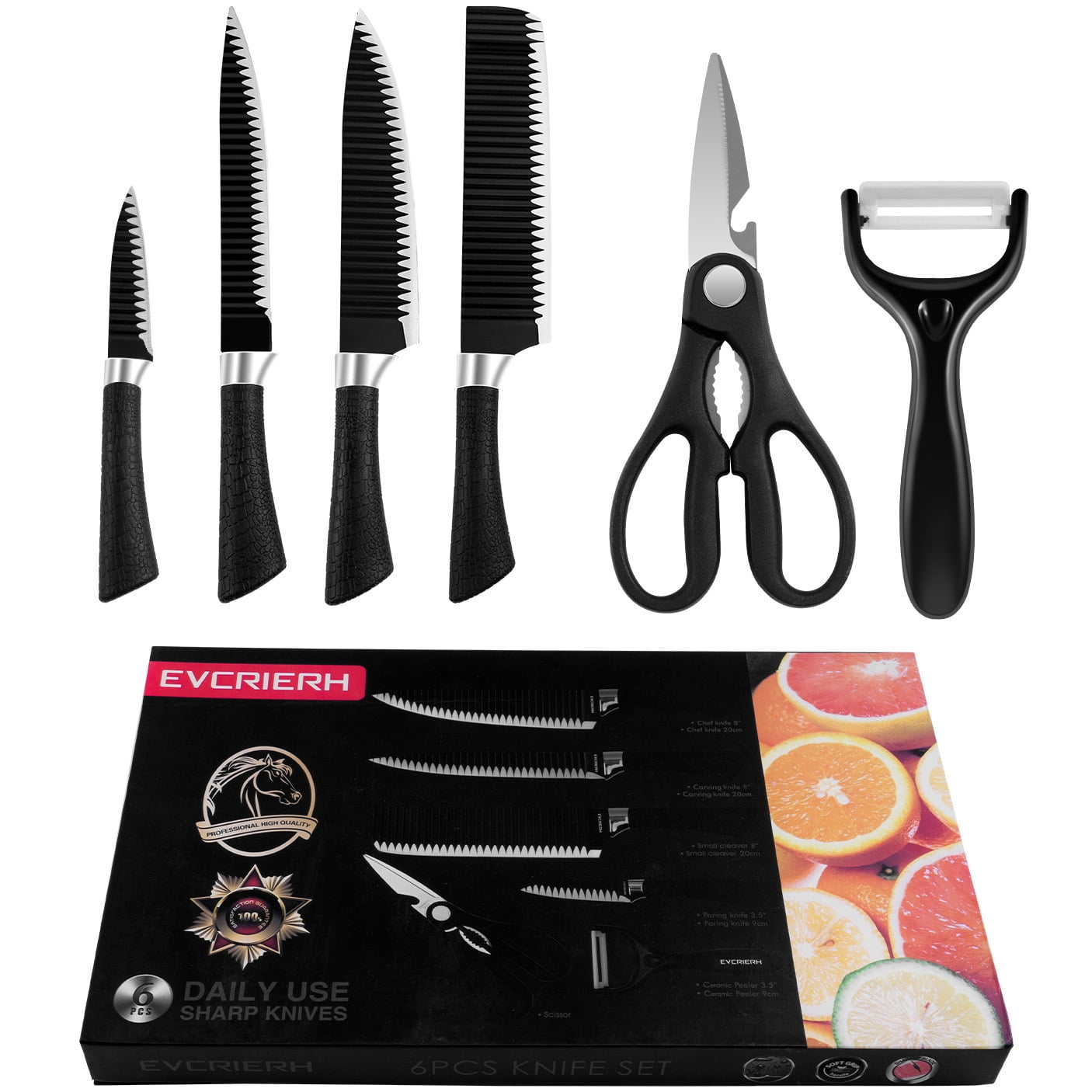 Kibhous 6 Pcs Kitchen Knife Set, Professional Chef Knife Set, Stainless  Steel with Peeler Scissors Gift Case, Easy-Grip Handle, Rust-proof, Black 