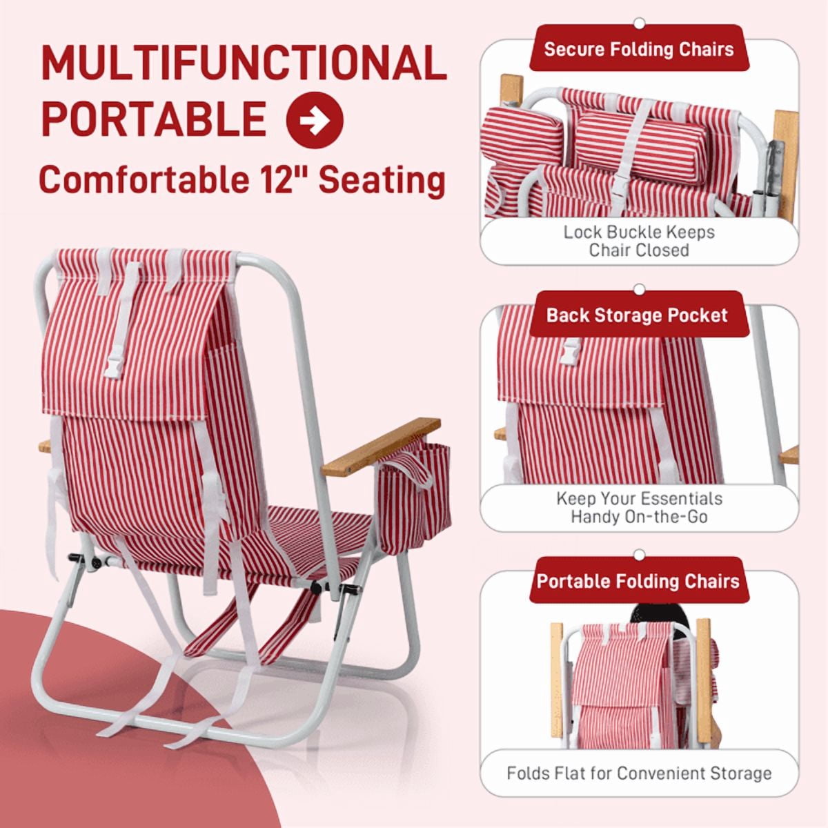 Alvantor 4-Position Backpack Beach Chair with Aluminum Frame, Wooden Armrests, Pillow and Pockets, Red Stripe