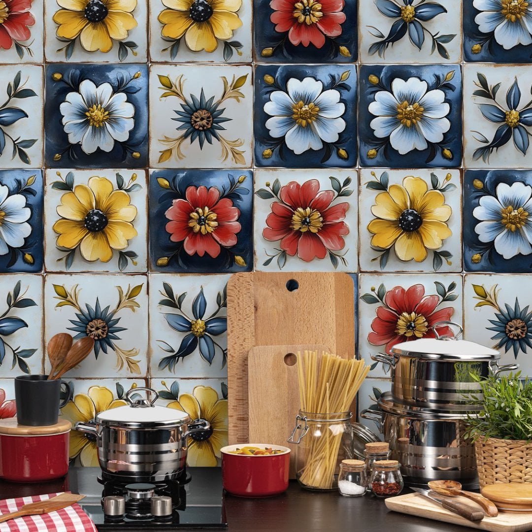 30Sheets Tile Wall Sticker Kitchen Backsplash 7.87"x7.87" Waterproof Removable DIY Flowers Decals Peel and Stick PVC Tiles
