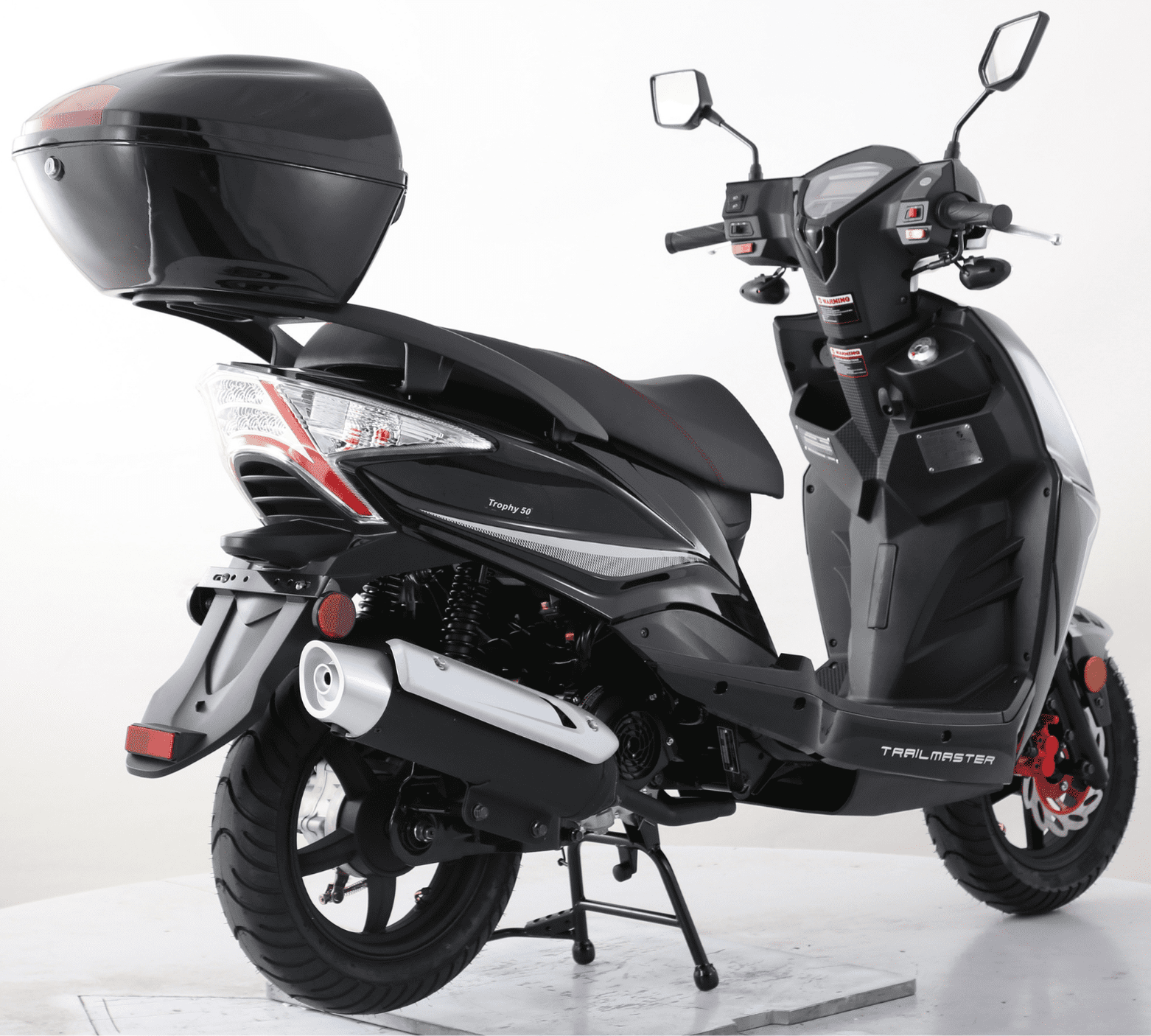 Trailmaster Trophy 50cc Scooter/Moped, Automatic CVT, Electric & Kick Start, 12-inch Aluminum Rims, Optional Color-Matched Locking Trunk (Black)