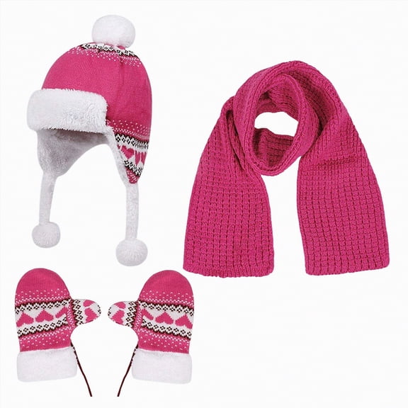 UngA Kids Hat Scarf Gloves Set, Kids Winter Beanie Hat Scarf Gloves Set with Knit Thick Warm Fleece Lined (Hot Pink,2-8 Years)