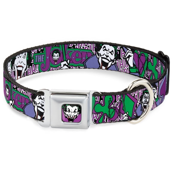 DC Comics Pet Collar, Dog Collar Metal Seatbelt Buckle, Joker Face Logo Spades Black White Purple, 20 to 31 Inches 1.5 Inch Wide