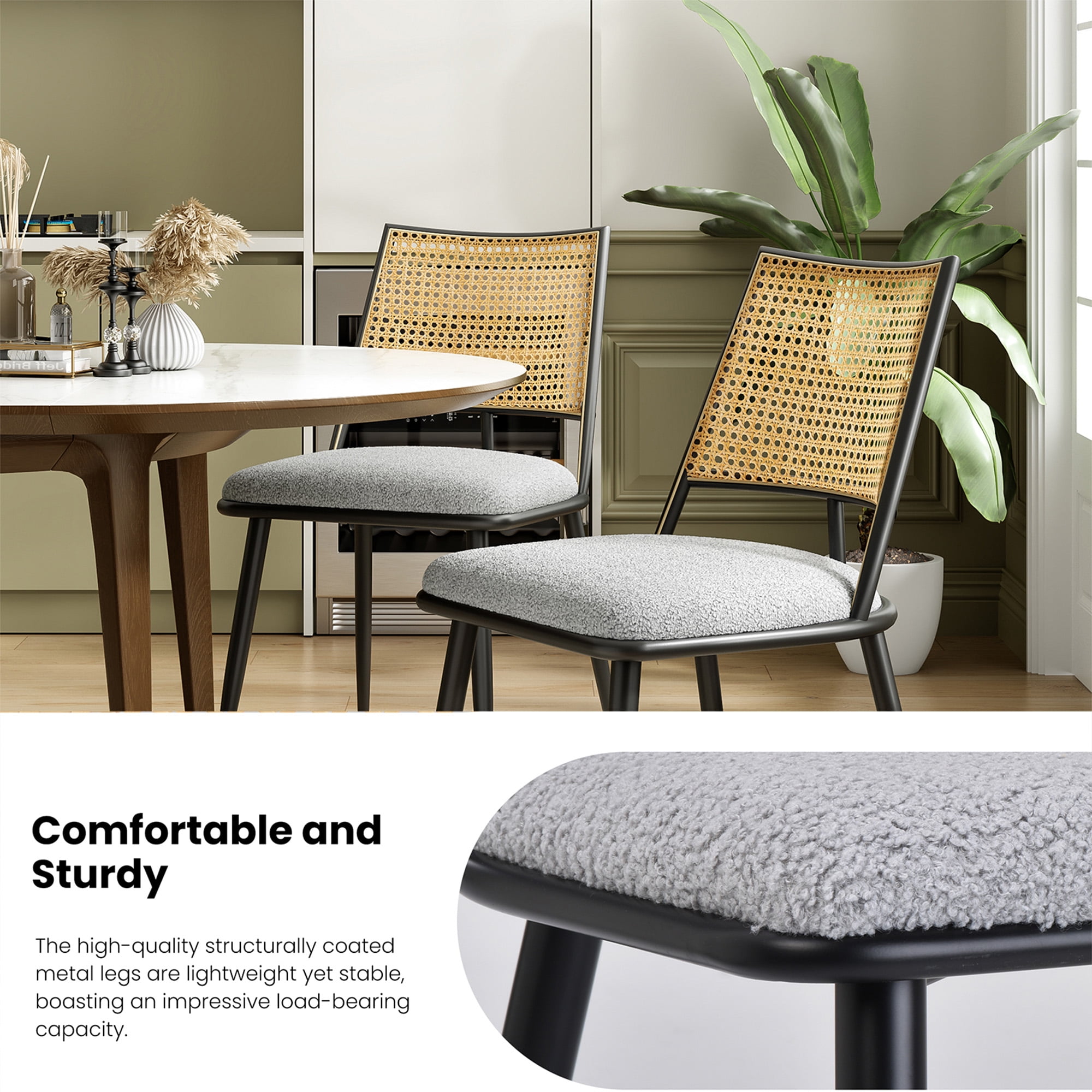 MAYEERTY Light Gray Dining Chairs Set of 2, Rattan Backrest, Metal Frame, Boucle Upholstery for Living Room