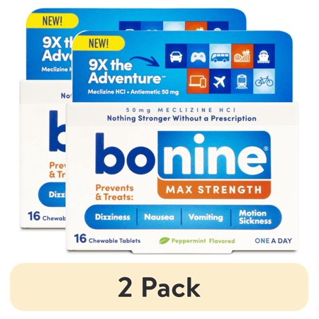 (2 pack) Bonine Max Strength Motion Sickness & Nausea Relief, Chewable Tablets, Peppermint, 16 ct