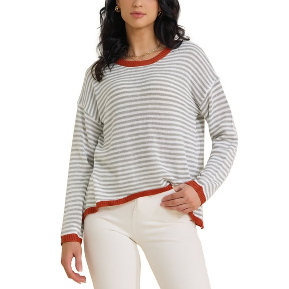 INSPIRE CHIC Women's Striped Sweater Casual Curved Hem Drop Shoulder Sweaters Pullover Top 2XL Light Gray