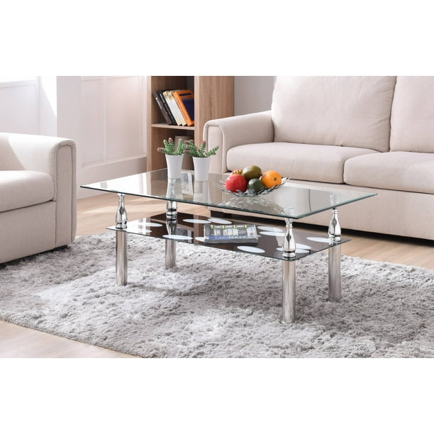 Hodedah Glass Rectangle Coffee Table, Clear/Black