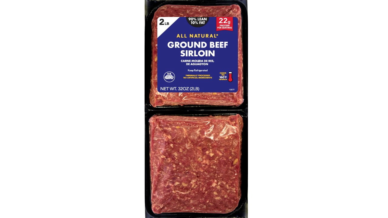Fresh 90% Lean 10% Fat Sirloin Ground Beef, 2 lb Brick, No Antibiotics