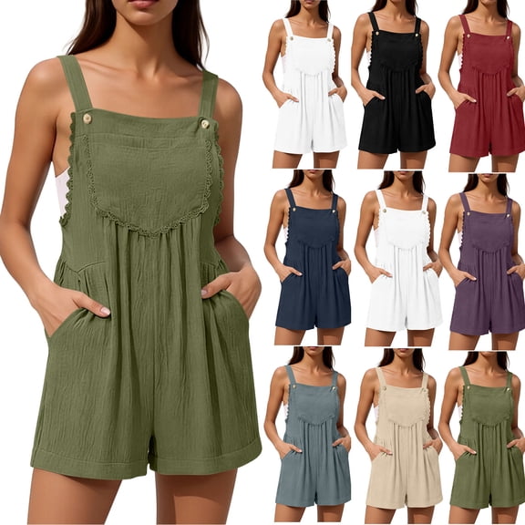 Women's Solid Color Spaghetti Strap Romper Lace Insert Pockets Casual Summer Jumpsuit Shorts White
