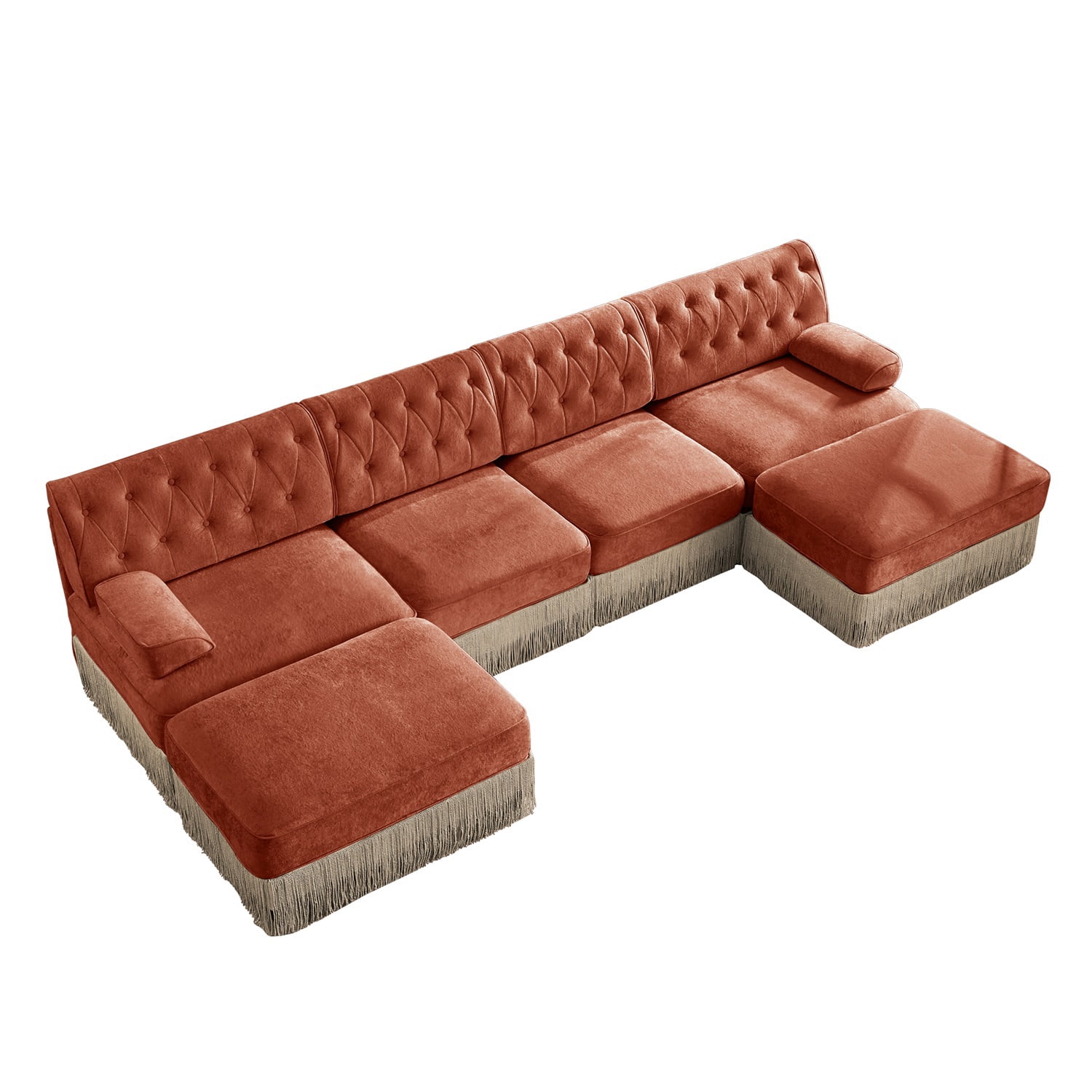 Hommoo 4-Seater Chesterfield Style Velvet Fabric U-Shaped Sectional Sofa with 2 Ottomans, Upholstered Design and Floor-grazing Tassel, Free Combination Sofa Couch Set, for Home, Red Brown