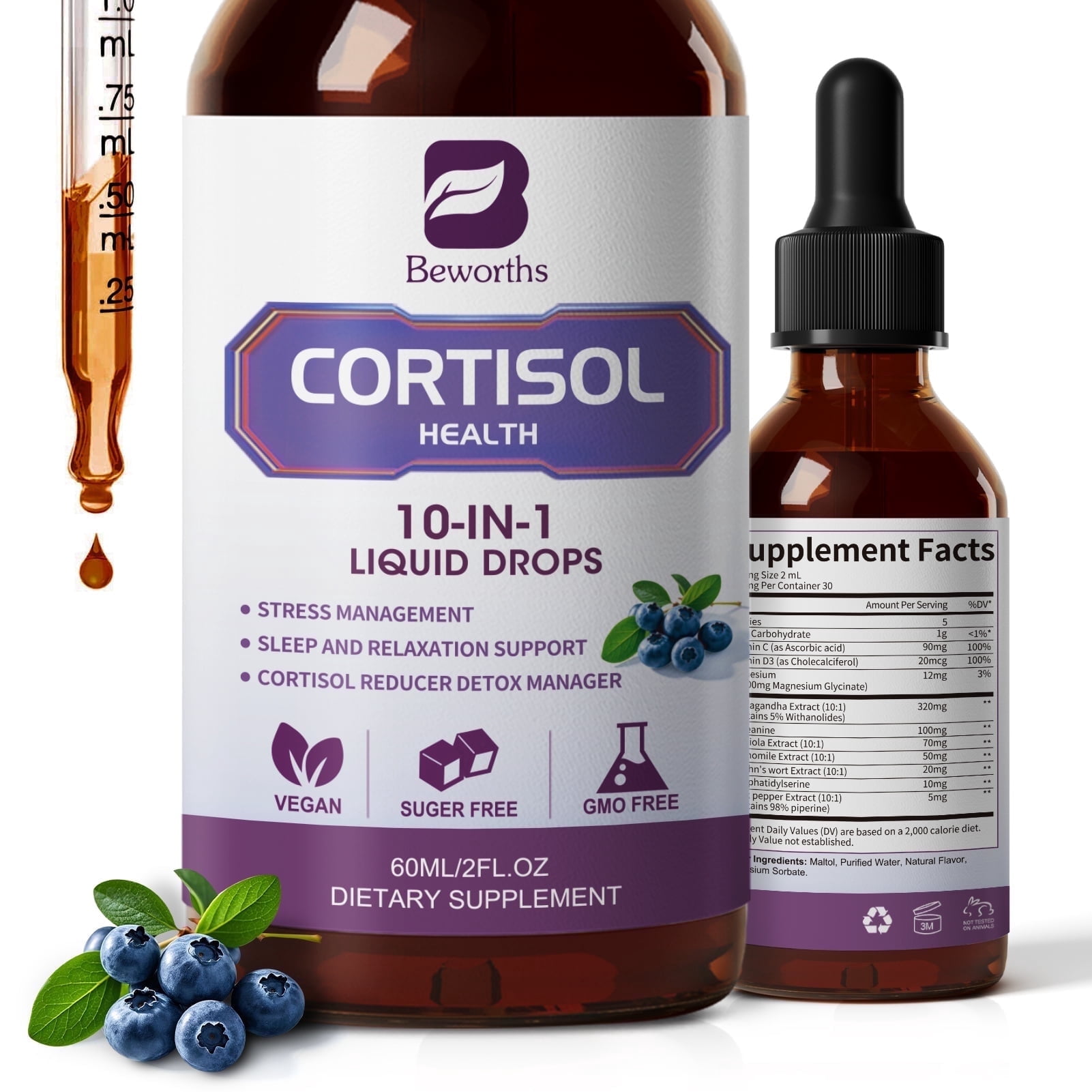 Cortisol Health Support Liquid Drops – Ashwagandha & L-Theanine Supplement, 2 fl oz
