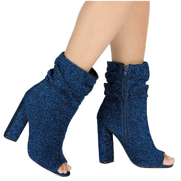 Qupid - Lyra-39 Ankle High Open Toe Boot Blue Glitter Slouchy Scrunch ...