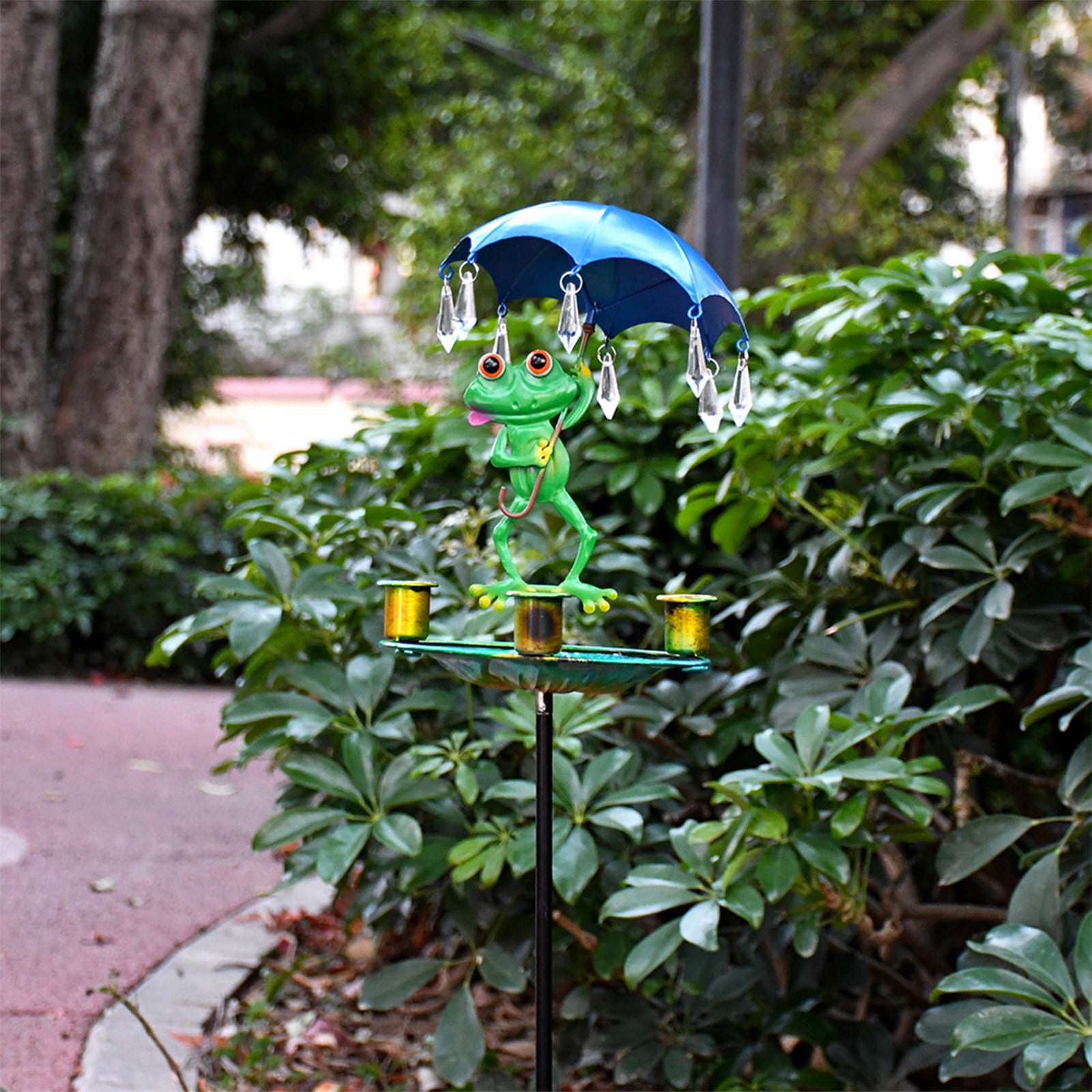 CSSAD Bird Bath Garden Standing, 33in Iron Frog Umbrella Bird Feeder, Outdoor Bird Bath with Ground Plug, Frog Bird Bath Large for Wild Birds and Insects