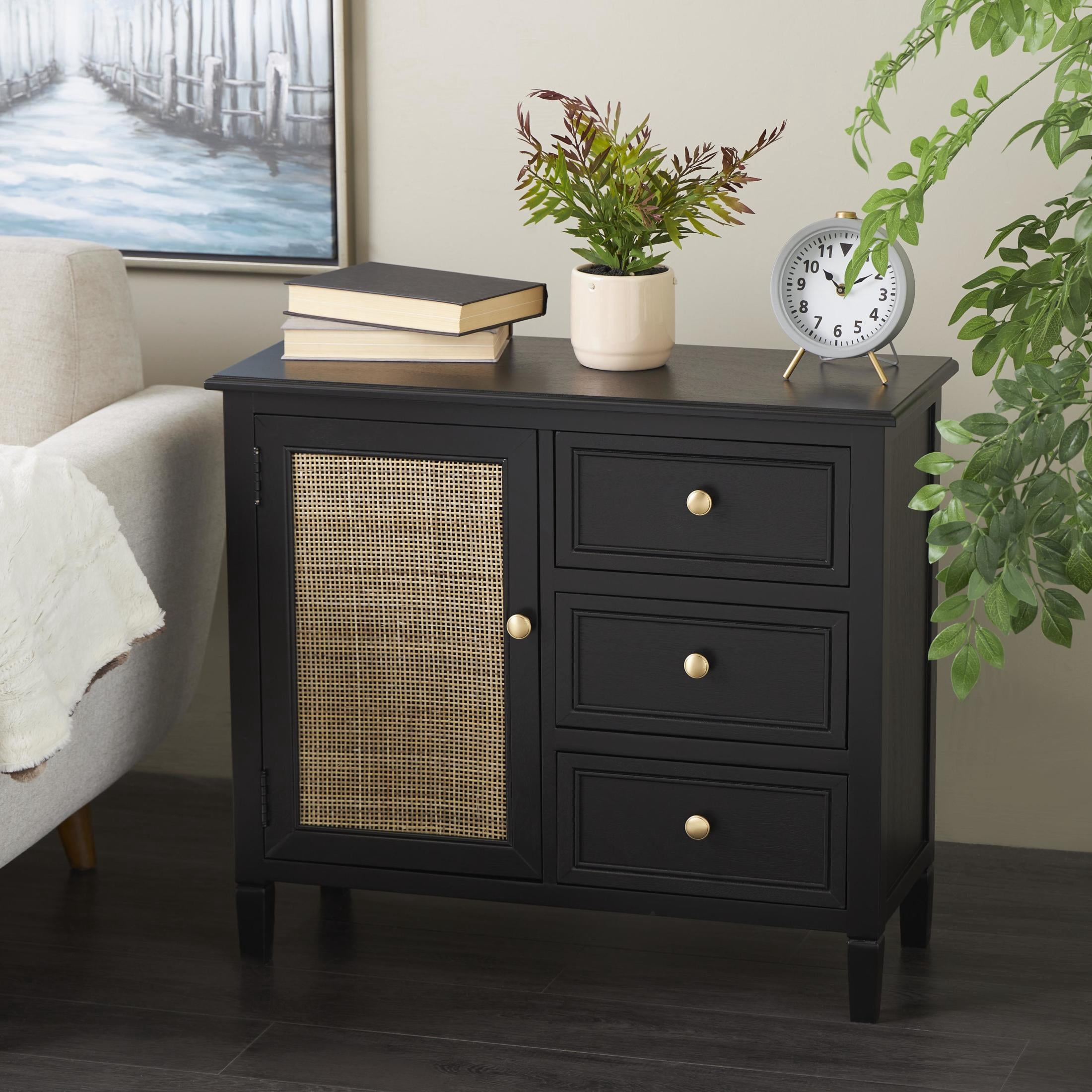 DecMode 30" x 26" Black Wood Handmade 1 Door and 3 Drawers Cabinet with Rattan Front, 1-Piece