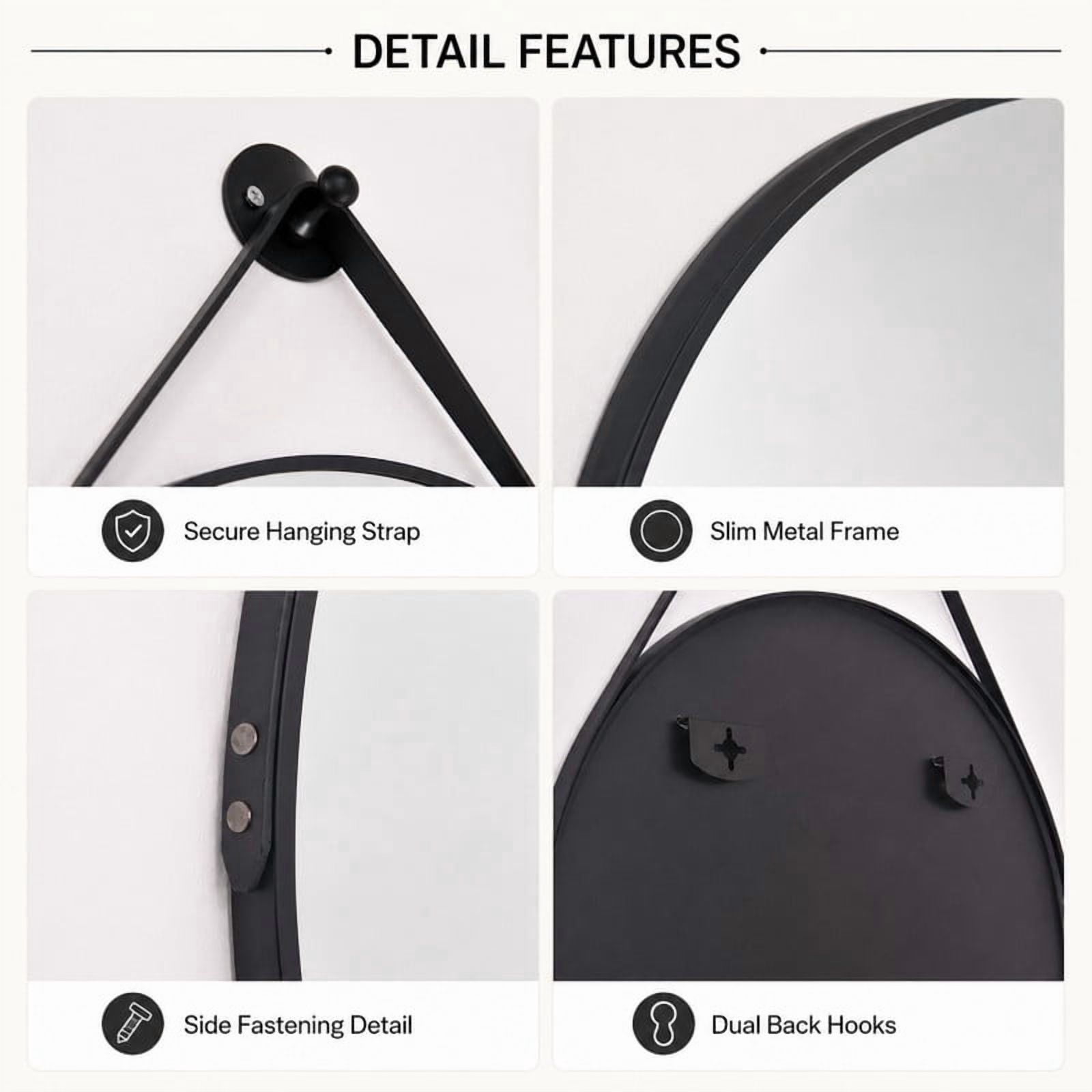 Easy4Home 20" Round Bathroom Mirror Vanity Mirror Wall Mounted with Leather Hanging Strap, Black