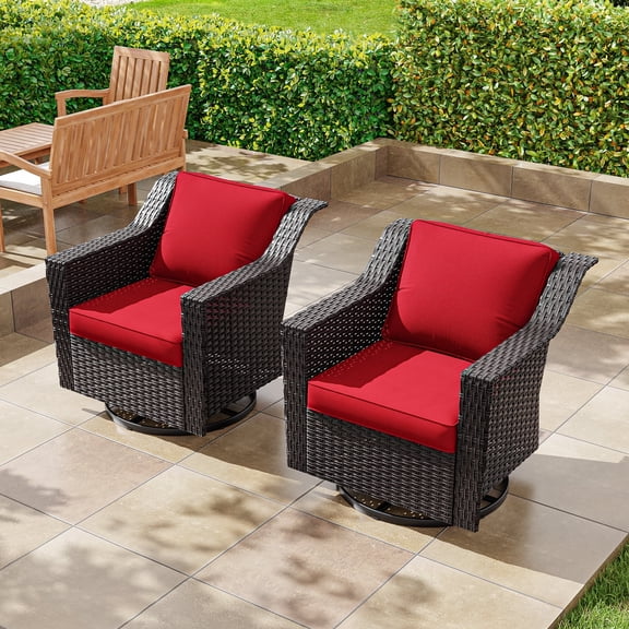 Meetleisure Patio Swivel Wicker Chairs Set of 2, Outdoor Rattan Rocking Chairs with Thickened Cushions for Backyard Porch Deck, Metal Rocking Frame,Red