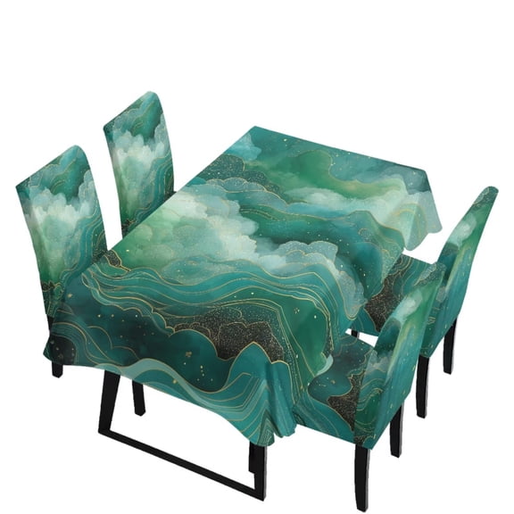 TSOVTHRID Green Cloud Marble Print Rectangle Tablecloth Chair Cover Set Table Covers 55x82 Inches Table Cloth 4 Pieces Chair Cover for Kitchen Dining Room Decorative