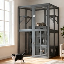 ZephyPaws 70" H Catio Outdoor Cat Enclosure Large,Tall Wooden Cat House with Weatherproof Roof,Cat Cage Playpen with 2 Multiple Platforms & 7 Removable Wood Boxes for Cats,Grey