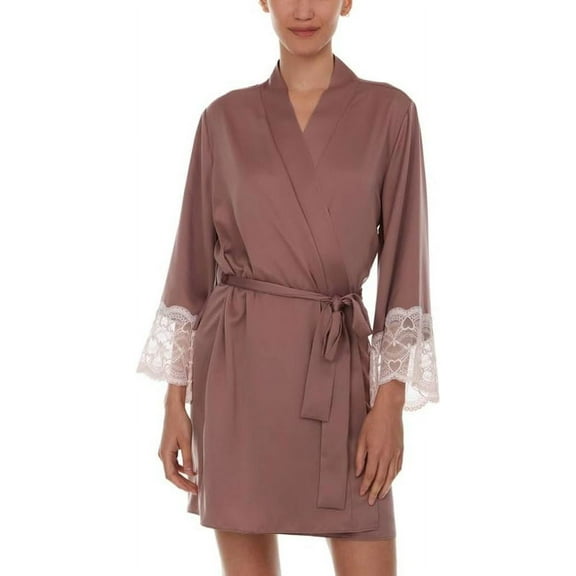 Flora Nikrooz Women’s Kit Heart Lace Matte Charmeuse Wrap Robe (Mauve, Small/Medium)