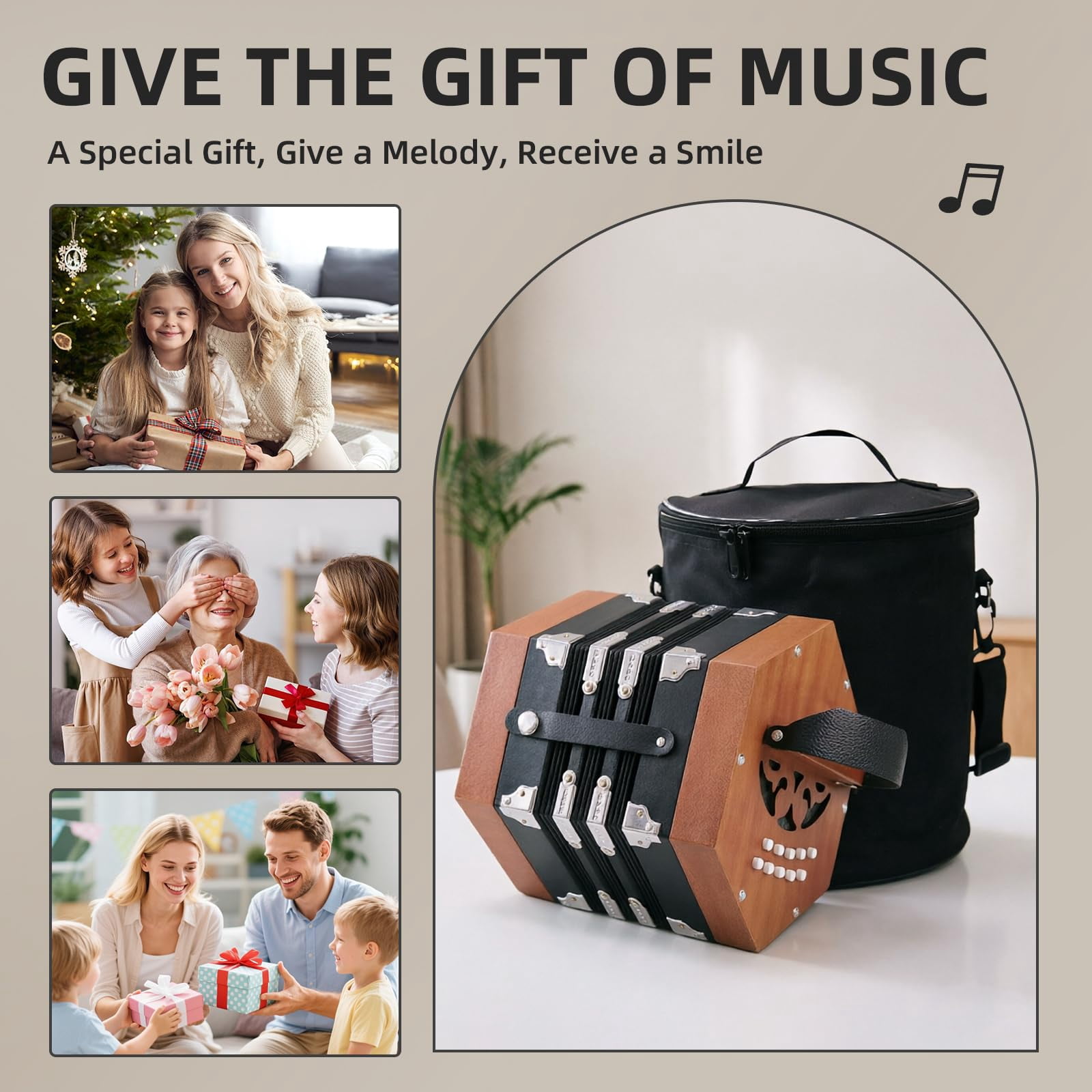 Rowadtim 20-Key Wood Concertina Accordion for Adults, Professional Beginner Instrument with Adjustable Hand Straps and Full Accessories