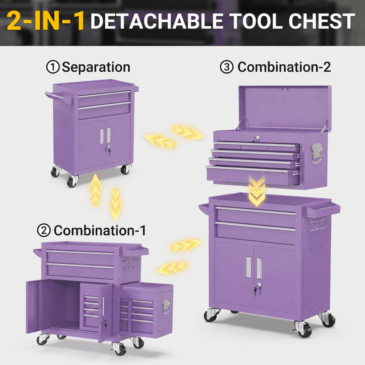 2-IN-1 Rolling Tool Chest, Stainless Steel Tool Organizer Box Hidden Set, Tool Storage On Wheels W/ 8 Sliding Drawers for Workshop Garage Studio Hair-Salon, Purple