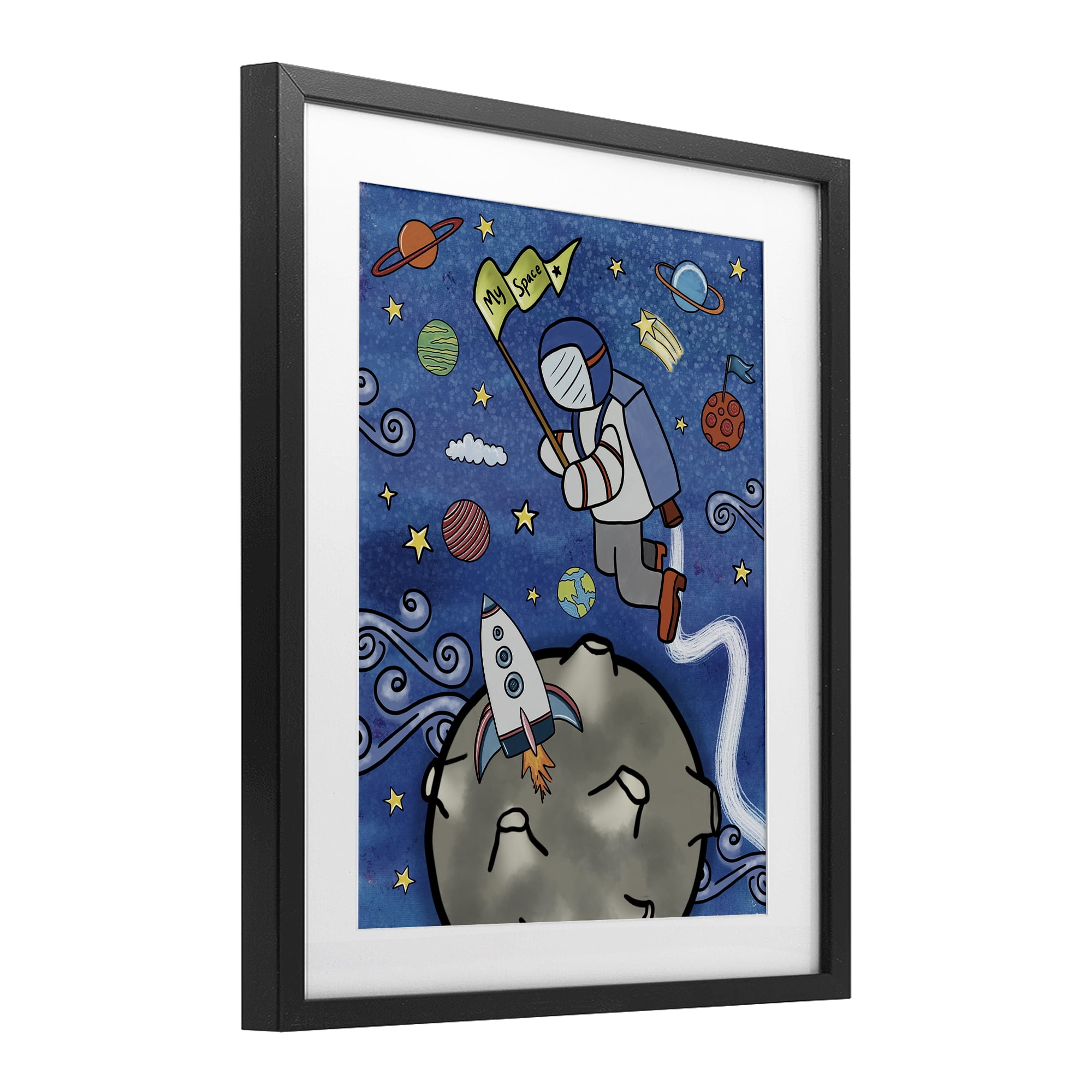 Astronaut Space Adventure Black Framed Print Under Glass, design by Jennifer Stith