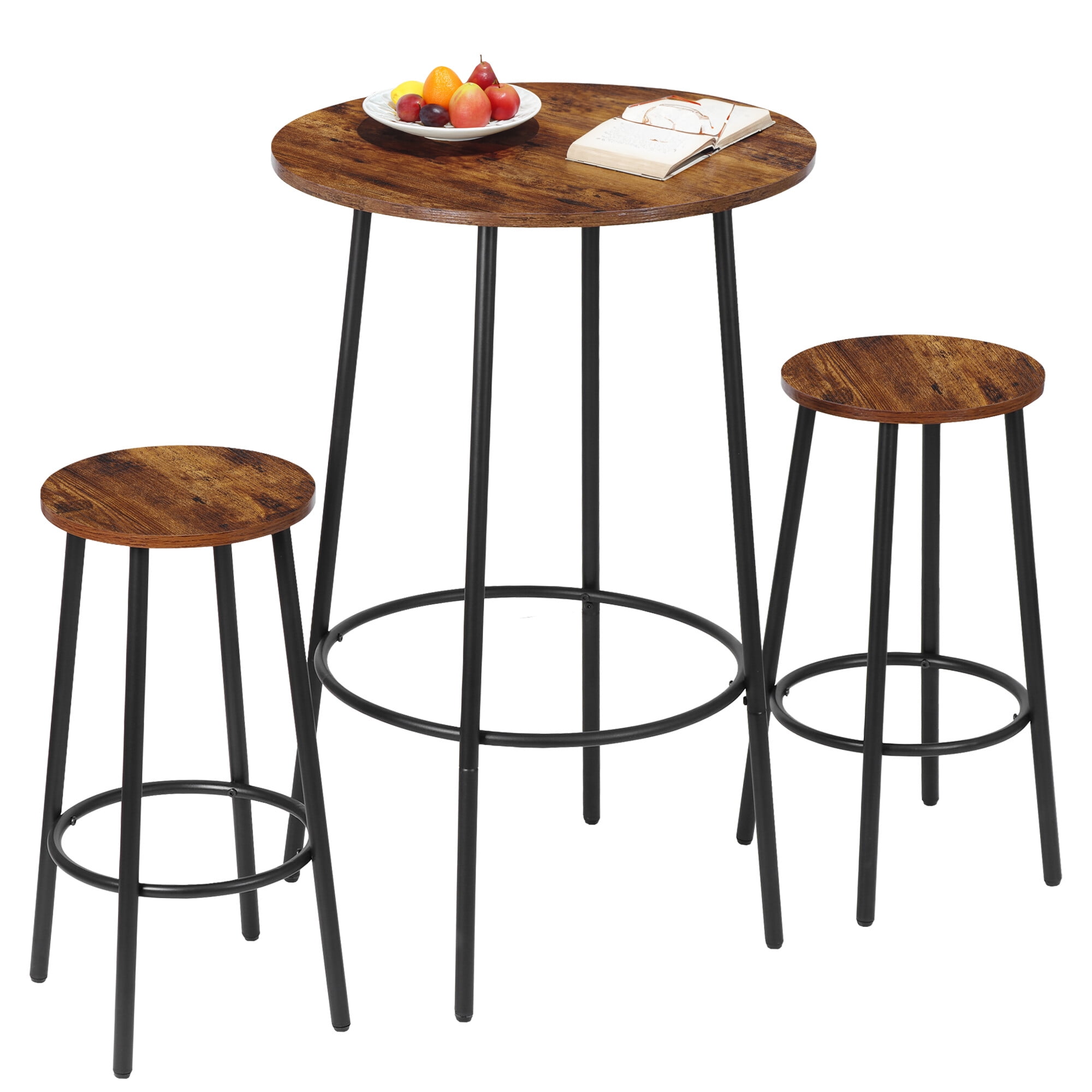 ZENSTYLE 3 Piece Pub Dining Table Set Wooden Round Breakfast Tables w/2 Bar Chairs Stools Brown