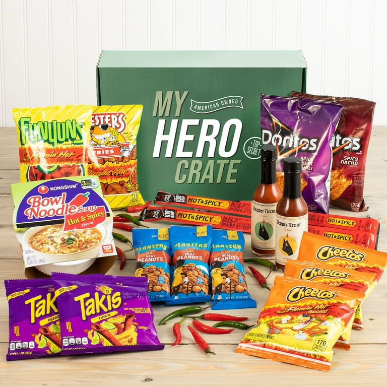 Spicy Hot Military Snack Box (17 Item Variety Care Package) Flamin’ Hot  Cheetos, Taki’s Fuego, Lay’s Flamin’ Hot, Spicy Doritos, Planter’s Heat