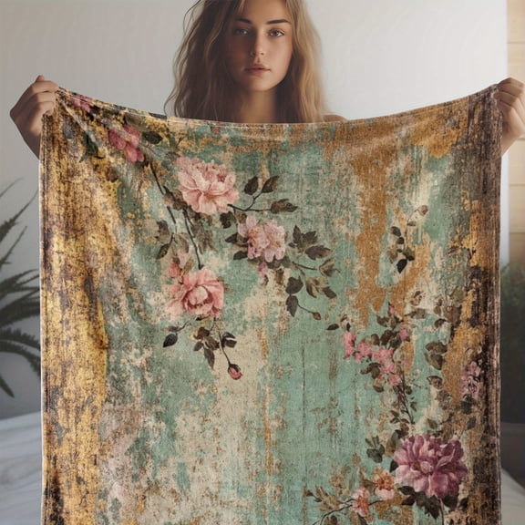 Vintage Floral Print Soft Flannel Throw Blanket, All-Season Cozy Lightweight Cover for Sofa Bed Car Office, Stylish Home Decor & Ideal Gift for Any Occasion
