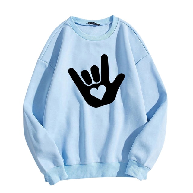 Bmisegm Women Saint-Valentin Simple et à la Mode Je t'Aime Geste Imprimé Col Rond Manches Longues Sweat Sans Capuche Décontracté pour Women Bleu P