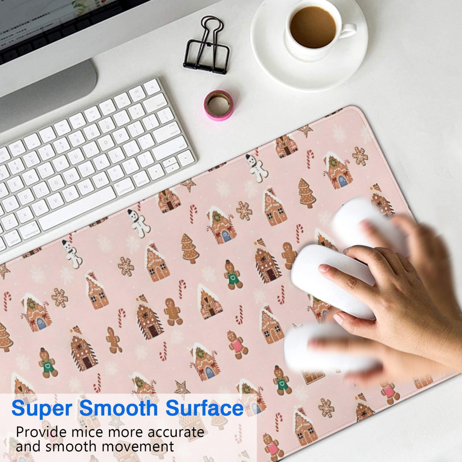 Long Mouse Pads for Desk,Pink Christmas Gingerbread House Pattern Desk Mats on Top Of Desks, Desk Mouse Pad Extra Large with 3mm Non-Slip Base and Stitched Edge for Gaming,Office,Work,Home 35.4x15.7in