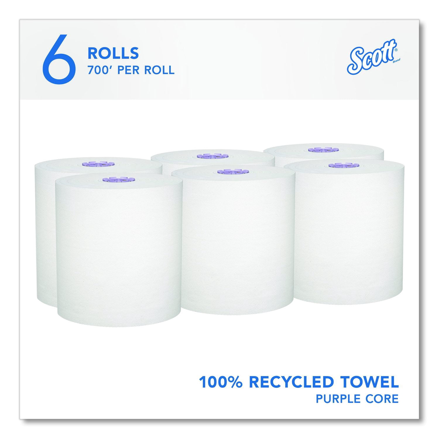 Scott® 100% Recycled Hard Roll Paper Towels, 1-Ply, 8" x 700 ft, White, 6/Carton