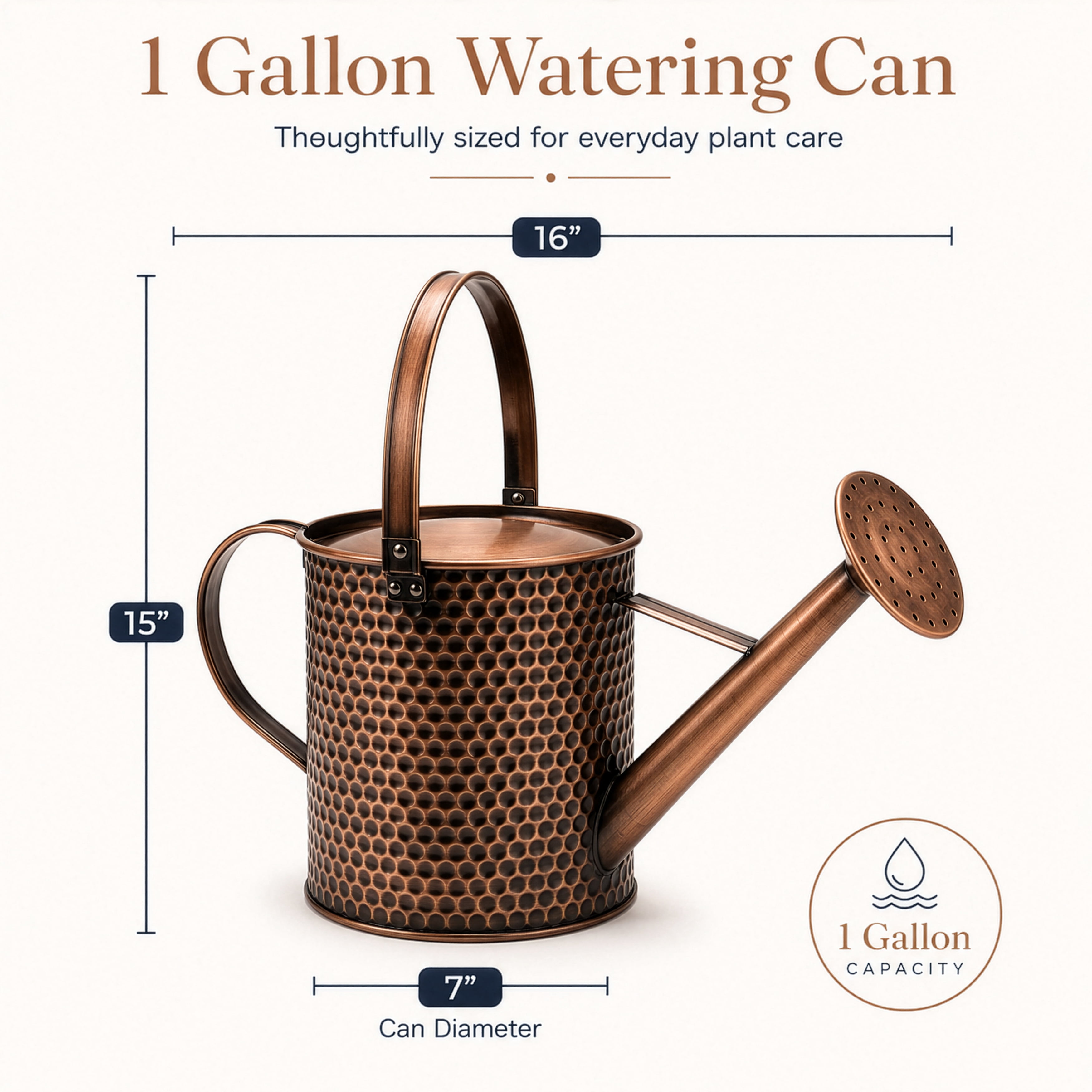 1-Gallon Steel Watering Can with Removable Sprinkler Head Ideal for Indoors & Outdoors, Brown
