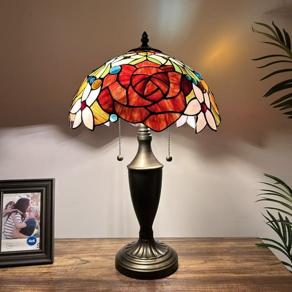 Tiffany Table Lamp Red Orange Stained Glass Rose Flowers LED Bulbs Included For Living Room Bedroom Bedside 14"W*14"D*21"H