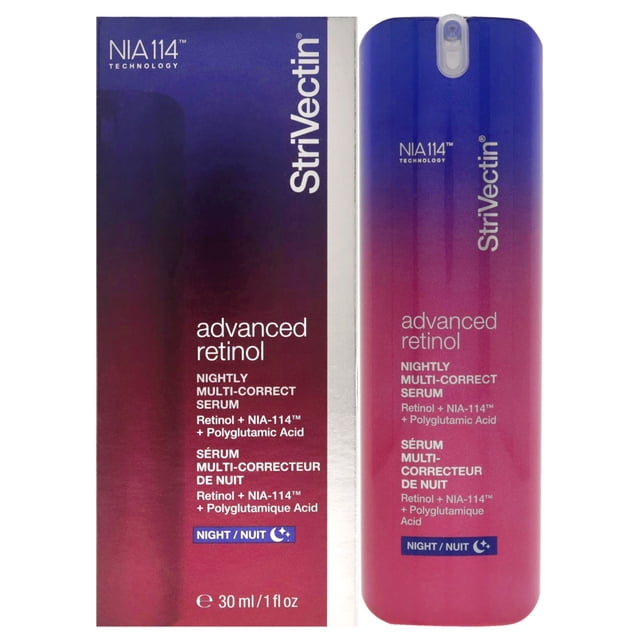 strivectin suero advanced retinol nightly multi-correct serum 1 oz strivectin suero 1 oz Producto de importación. Frasco dispensador 1 oz (30 ml) de cuerpo cilíndrico con degradado morado a rosa, texto blanco y logo StriVectin vertical; caja rectangular a la izquierda con el mismo diseño frontal y leyendas de retinol y NIA‑114 visibles. Categoría: suero facial nocturno; a menudo usado para aplicar retinol concentrado por la noche.