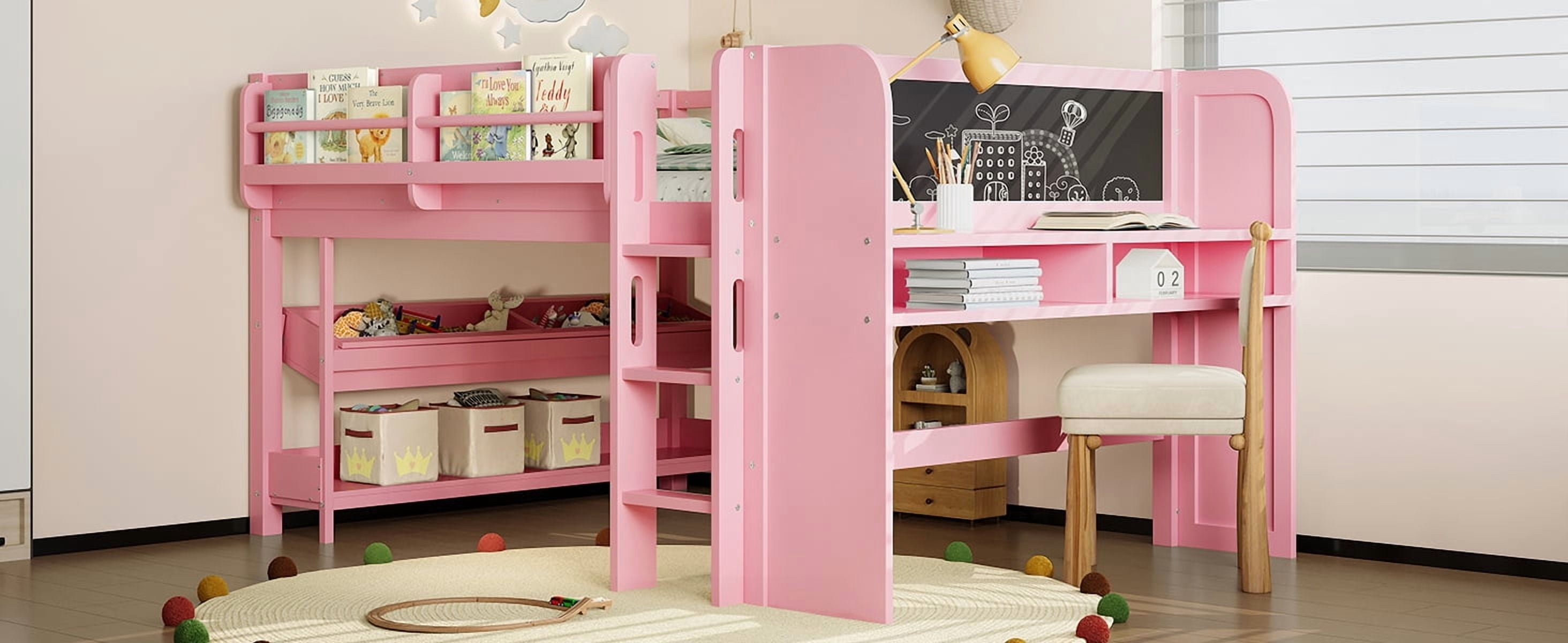 Mintazer Full Low Loft Bed with Desk & Blackboard, Kids Loft Bed with Storage Drawers, No Spring Box Needed, Pink