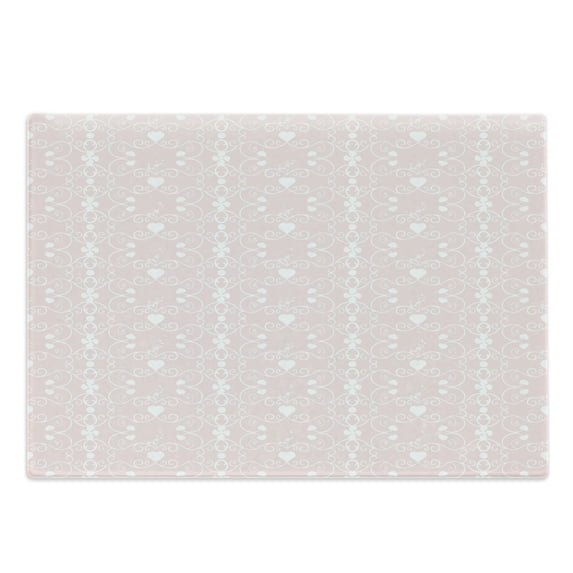 Pink and White Cutting Board, Victorian Style Girly Feminine Pattern with Curly Leaves Hearts and Flowers, Decorative Tempered Glass Cutting and Serving Board, Large Size, Blush White, by Ambesonne